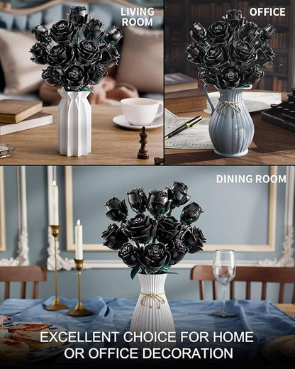 Black Roses Flower Building Set, Halloween Artificial Bouquet Kit Compatible with Legos Bricks - Indoor Plant Decorations for Home & Office - Romantic Gift for Women and Girls 6+