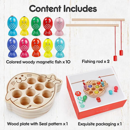 Wooden Magnetic Fishing Game for Kids 3-5,Montessori Preschool Educational Activities Learning Hand-Eye Coordination Fine Motor Skills Color Sorting Magnet Fish Toys for Boys Girls