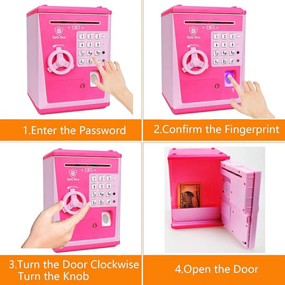 Toy Safe Box, Electronic ATM Piggy Bank, Money Coin Savings Bank, Finger Print Scanner Lock, Great Gift for Children Kids (Pink/Pink)