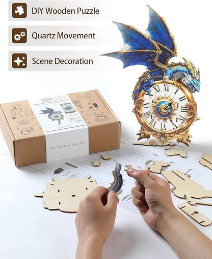 Rnfinewow 3D Wooden Puzzles for Adults, Blue Dragon Clock with Pendulum Model Kit, 3D Puzzles for Adults Room Home Decor DIY Wall Clock Kit, Holiday Birthday Christmas Day Gifts for Men Women Teens