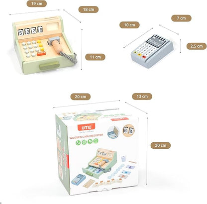 UMU® Wooden Cash Register for Kids - Includes Accessories (Scanner, Payment Terminal, Play Money, etc.), Role Play Shop & Accessories for Children Ages 3 4 5 6