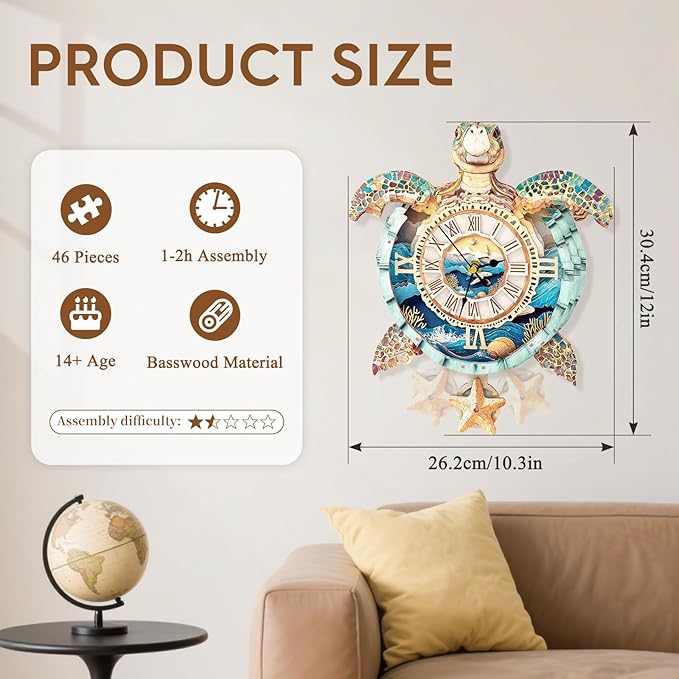 wudhank 3D Puzzle for Adults Clock - Sea Turtle Clock Design Model Kit-Mechanical DIY Pendulum Clocks with Roman Numerals-Desk Home Office Decor Personalized Gift for DIY Lovers