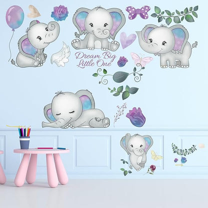 Wall Decals Stickers Dream Big Little One Elephant Wall Stickers Wall Murals Peel and Stick Removable Purple Rose Elephant Wall Decor for Baby Shower Room Nursery Boys Girls Bedroom Playroom Classroom
