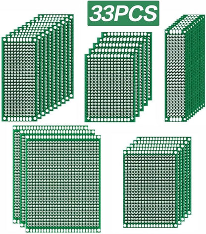 33pcs double-sided PCB prototype circuit board kit, 5 sizes of green universal printed circuit boards, can be used for electronic component soldering, suitable for DIY soldering projects.