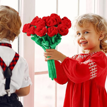 18 Pcs Plush Rose Flower Stuffed Bendable Stems Plush Bouquet Toy Soft Floral 12.6 Inch for Graduation 2025 Mother's Day Valentines Day Girl Girlfriend Wife Family and Friends(Red Series)