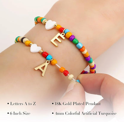 Colorful Initial Bracelets for Women Girls - Cute Beaded Heart Initial Bracelet Teen Girl Gifts Trendy Stuff, Bohemian Gold Charm Bracelet Personalized Gifts for Women Girls Jewelry