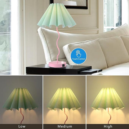 Table Lamp for Bedroom Nightstand Modern Touch Green Pink Lamp Dimmable Lamp for Living Room End Table with USB Port and Outlet