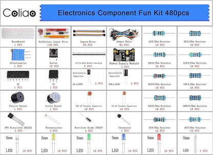 480pcs 37 Values Electronics Component Fun Kit with Power Supply Module, Jumper Wire, 830 tie-Points Breadboard, Precision Potentiometer, Resistor