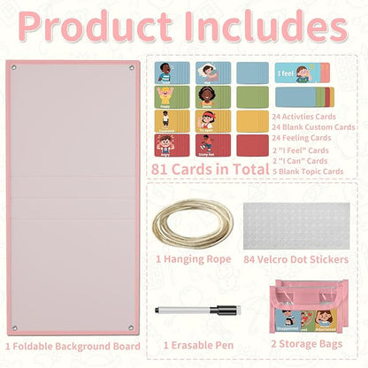 Yoink 81 Cards Feelings Chart for Kids, Emotions Chart Poster for Coping Skills, Mental Health Chart for Toddlers Emotional Learning, Calm Down Corner Supplies Preschool Homeschool Must Haves, Pink
