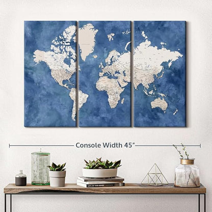 ElephantStock Detailed World Map With Cities I Wall Art - Horizontal Canvas - 3-Piece Living Room Decor - Watercolor Map Canvas Print - Beige and Blue Wall Decor by Blursbyai - 38" X 24"