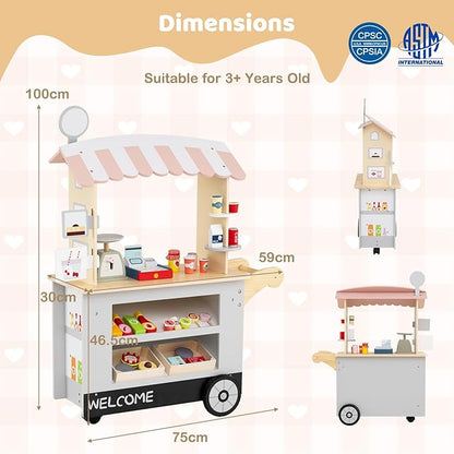 HONEY JOY Kids Food Cart, 30-Piece Toddler Pretend Play Grocery Store Playset w/Cash Register & Scale, Wooden Dessert Shop Play Market, Children Beverage Stand Cart w/Wheels, Gift for Boys Girls