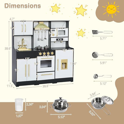 Kids Kitchen Playset, Wooden Play Kitchen with Toy Storage System, Pretend Play Kitchen Set Toy with Range Hood, Ice Maker & Coffee Maker, for Kids Ages 3+, Black