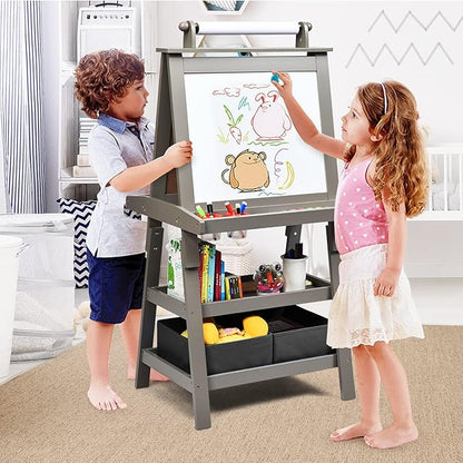 Costzon Kids Art Easel, 3 in 1 Double-Sided Wooden Easel w/Magnetic Whiteboard, Chalkboard & Paper Roll, 2-Tier Rack w/ 2 Storage Boxes, Standing Easel for Kids, Toddlers, Boys, Girls (Grey)