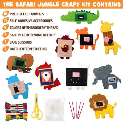 FYXGZZH Kids Beginner Sewing Kit – DIY Stuffed Craft Set with Pre-Cut Felt, Plastic Needle & Embroidery Thread, Educational Arts & Crafts for Boys & Girls Ages 6-12, Jungle Animal