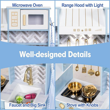 Play Kitchen for Kids, Wooden Children Kitchen Playset w/Coffee Maker, Oven, Stove, Sink, Apron, Ice Maker, Cookware, Kids Toy Kitchen Set for Toddler Girls Boys Pretend Play Toy Gift Ages 3+