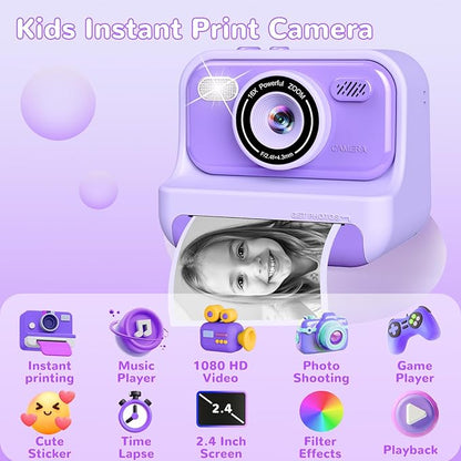 Kids Instant Print Camera with 2.4 Inch Screen, Christmas Birthday Gifts for Girls Age 3-12, 1080P Digital Camera, Portable Toddler Travel Toy for 3 4 5 6 7 8 9 10 Year Old Girls, Purple