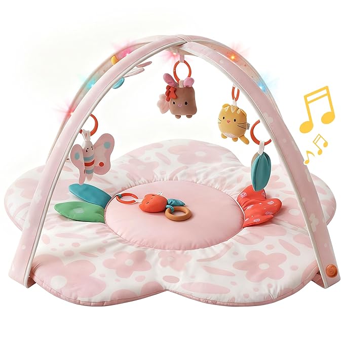 Baby Play Gym & Activity Mat with Light-up Musical Arch, Tummy Time Mat with 6 Detachable Sensory Toys for Motor Skills & Sensory Development, Baby Essentials Shower Gift - Spring Blossoms Themed