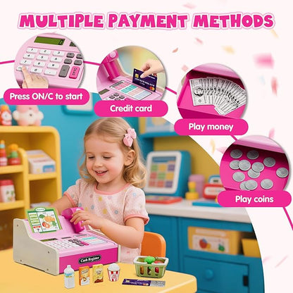 Wooden Cash Register for Kids with Real Calculator, Rechargeable Cash Register Toy with Scanner/Play Money/Food/Credit Card/Menu, Pretend Play Toys Gifts for Boys Girls Ages 3-8,Color