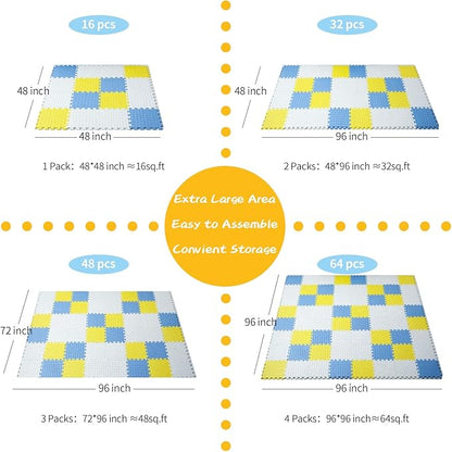 Foam Floor Mats for Kids, 12 x 12 Inch 16 Tiles 0.4" Thickness Foam Play Mat, Non-Toxic Square Interlocking Floor Mats Rubber Baby Play Mat for Toddlers(White/Yellow/Gray Blue)