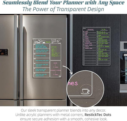 Clear Non-Magnetic Meal Planner Set for Fridge - Dry Erase Transparent Menu and List Board - Sticks to Wall, Glass, Door, Any Smooth Surfaces