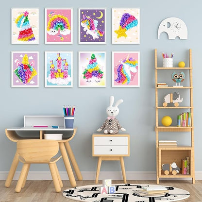 8PCS Poke-in Craft and Art Kit for Kid Unicorn Theme No-Mess Fabric Sewing Art Girls Boys 4-12 Puzzle Puncture Painting DIY Pastel Rainbow Toy Gift for Creative Activity Game Birthday Party