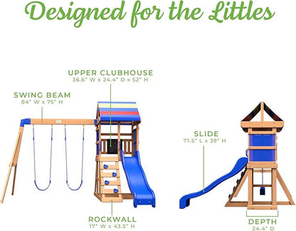 Backyard Discovery Bay Pointe Cedar Wood Swing Set with Wave Slide, Play Deck, Rock Wall Ladder, Belt Swings, Chalkboard, Canopy Roof, Outdoor Playset