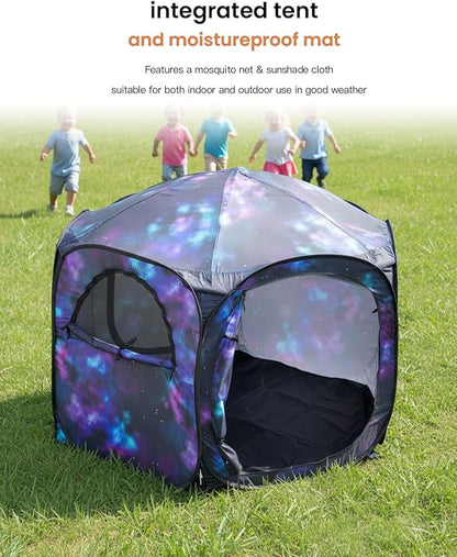 Kids Pop Up Play Tent with Fairy Lights, Hexagonal House with Removable Mat, Indoor Playhouse for Children, Galaxy Theme Gift for 3-4 Kids