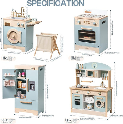 ROBOTIME Wooden Play Kitchen, Toddler Kitchen Playset with Oven, Fridge & Washing Machine, Kids Kitchen Playset Gift for 3+ Year Old Boys & Girls