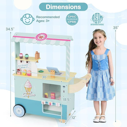 Costzon Ice Cream Cart, Wooden Grocery Store w/Vending Machine, Play Food, Display Rack & Shelves, Swivel Wheels, Push Handle, Ice Cream Truck, Market Stand Pretend Playset for Kids Ages 3+ (Green)