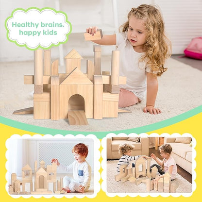 64-Piece Wooden Building Blocks with Storage Tray | Natural Wood Preschool Educational Toys for Toddlers Ages 3+ | Ideal Gift for Boys & Girls