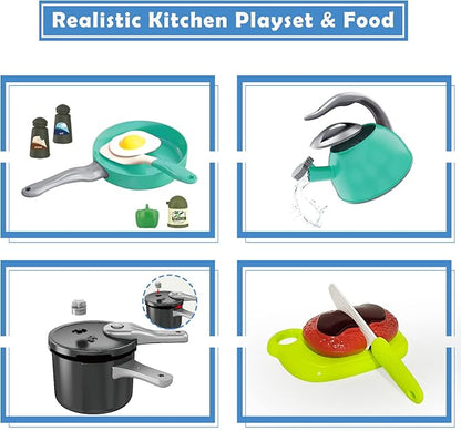 Bruvoalon 67Pcs Kids Play Kitchen Toys Set, Toddlers Pretend Cooking Playset Acccessories with Pots Pans, Utensils Cookware, Foods, Canned Veges, Learning Gift for Kids Girls Boys (Green)