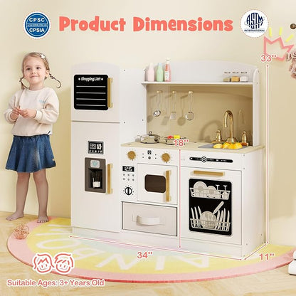 Costzon Kids Kitchen Playset, Wooden Pretend Play Kitchen w/Real Lights & Sounds, Chalkboard, Microwave, Ice Maker, Dishwasher, Sink, Cookware Accessories, Play Kitchen for Kids Ages 3+ (White)