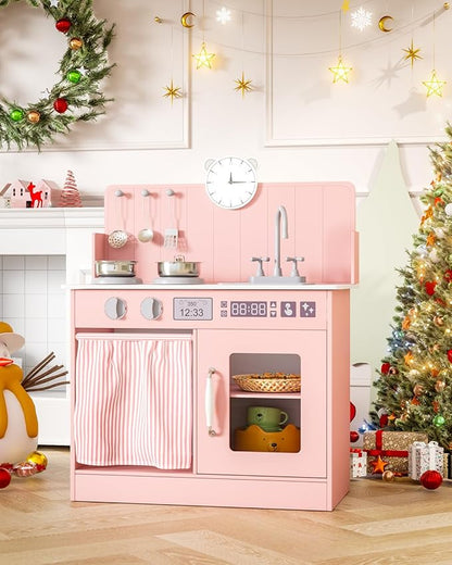 MAMIZO Kids Kitchen Playset with Ample Storage, Interactive Play Kitchen with Simulated Gas Cooker, Clicking Knobs, Sink, Faucet, 6 Pcs Cookware, Educational Clock for Toddlers (Pink)
