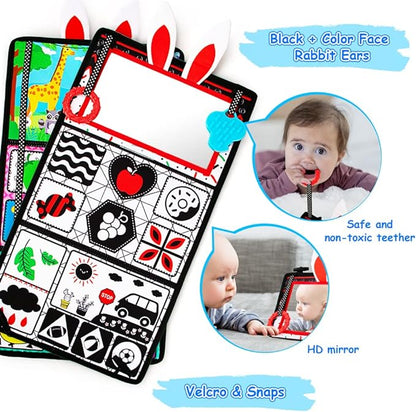 Tummy Time/Baby Mirror Toys, Black and White High Contrast Tabletop Mount Baby Newborn Toys 0 3 6 Months Brain Development, Sensory Texture Piano Infant Toys 0 3 6 Months with Squeaker