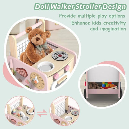 Wooden Baby Walker 9-in-1 Activity Center with Toddlers Montessori Sensory Toys and Play Kitchen Push Walker for Kids with Wheels and Storage Space, Ideal Gift for Girls Boys Ages 6-36 Month