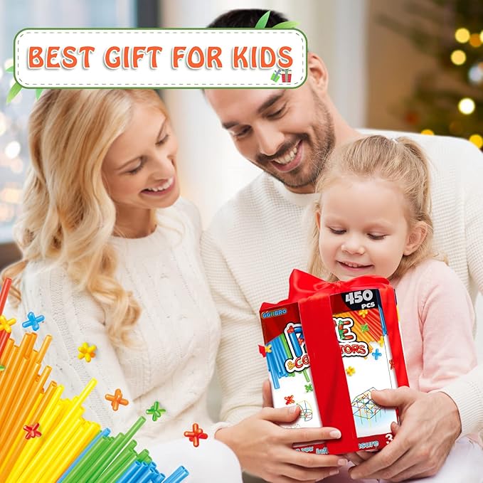 Creative Straw STEM Building Toys 450Pcs Aged for 3-5 5-7 Preschool Kids Constructor Toy Thin Tube Toy DIY Educational Interlocking Plastic Engineering Toys Kit for Boys and Girls