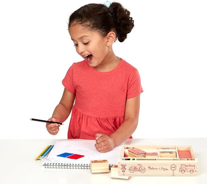 Melissa & Doug Wooden Stamp Set: Vehicles - 10 Stamps, 5 Colored Pencils, 2-Color Stamp Pad
