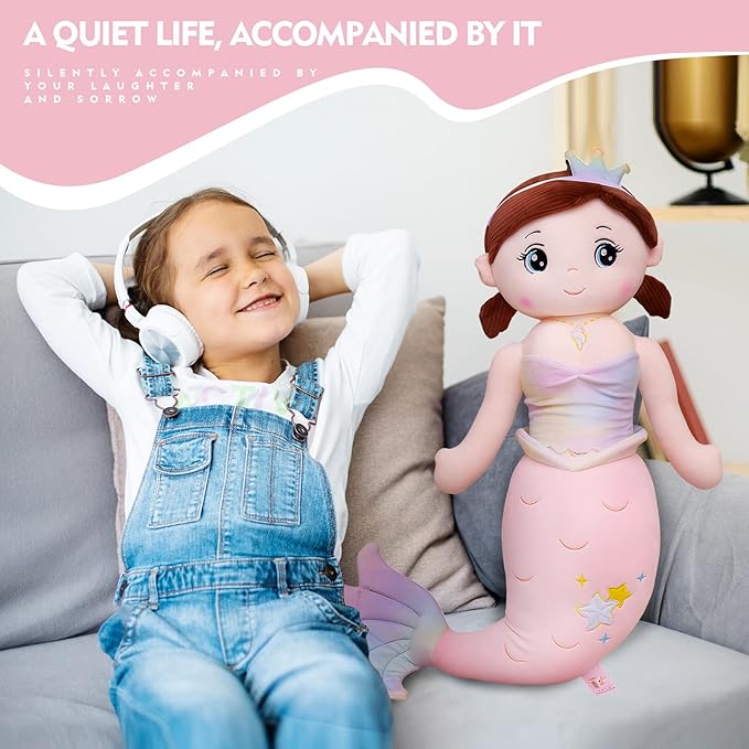 Mermaid Stuffed Animal Plush, 31.5in Cute Soft Pink Hugging Mermaid Plushies Pillow Toys Kawaii Birthday Gift for for Adults Kids Boys Girls