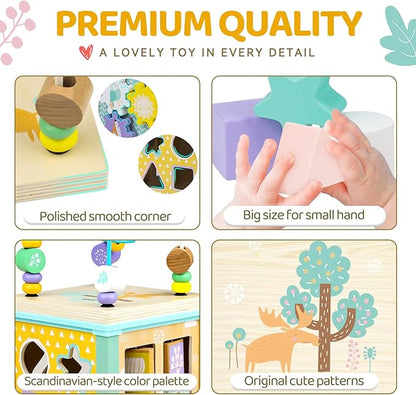Wooden Activity Cube Montessori Toys for 1 2 3 Year Old Baby Toys 12 Months Toddlers 1-3 Birthday Gift Boys Girls Sensory Interactive Learning Toys