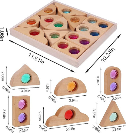 12PCS Acrylic Gem Fairytale Windows Blocks,Translucent Cubes Stacking Toys, Sparkling Acrylic Toy Wooden Stacking Blocks,Open Ended Play Montessori Educational Wooden Toys