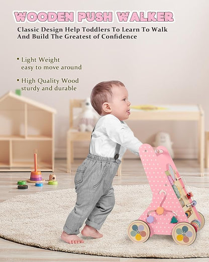 Wooden Baby Walker with Wheels, Baby Push Walkers for Girls 6-12 Months, Push Toys 1 Year Old Girl Small Size