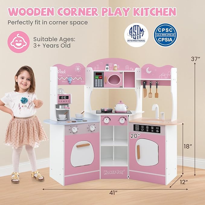 HONEY JOY Corner Play Kitchen, Toddler Wooden Toy Kitchen Set w/Lights, Coffee Maker, Microwave, Sink, Faucet, Little Chef Pretend Play Kids Kitchen Playset for Boys Girls (Pink)