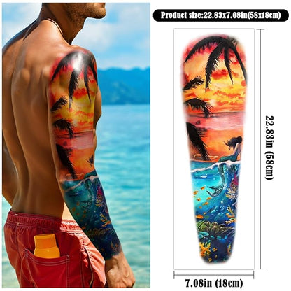 48 Sheets Temporary Tattoos for Adults - Tropical Waterproof Arm Tattoo Stickers with Hawaiian Beach Palm Trees Sunset Flowers, Large Full Arm Fake Tattoo Body Art for Men Women Teens for Summer Party