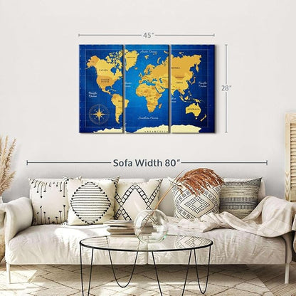 ElephantStock Yellow Longitude World Map Multi Piece Canvas - 3 Panel Wall Decor - Map of the World Art - Canvas for the Office and Home - 45" X 28"