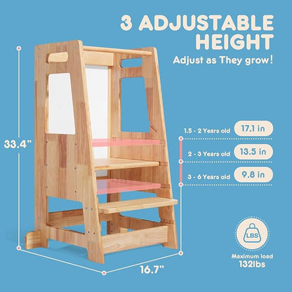 Toddler Kitchen Stools Helper with Adjustable Height and Anti-Slip Protection, Kids Standing Tower with Safety Rail, Kids Montessori Stool with Learning Chalkboard, Natural