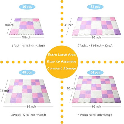 Foam Floor Mats for Kids, 12 x 12 Inch 16 Tiles 0.4" Thickness Foam Play Mat, Non-Toxic Square Interlocking Floor Mats Rubber Baby Play Mat for Toddlers(White/Pink/Purple)