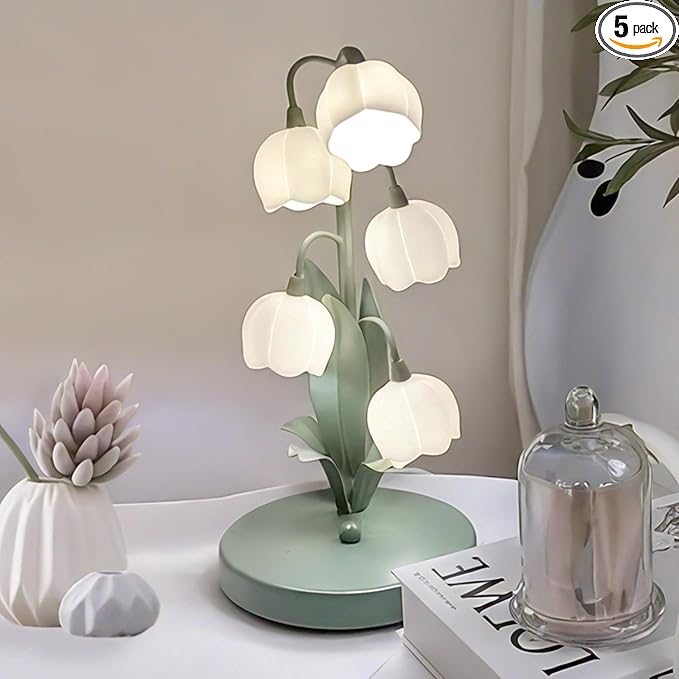 Green Flower Lamp for Home,Bedside Vintage Table Lamps,5 Lily of The Valley Reading Lights,3 Colors Modes Kawaii Bedside Lamp Decor,with G4 Bulb Nightstand Light for Living Room Office Bedroom