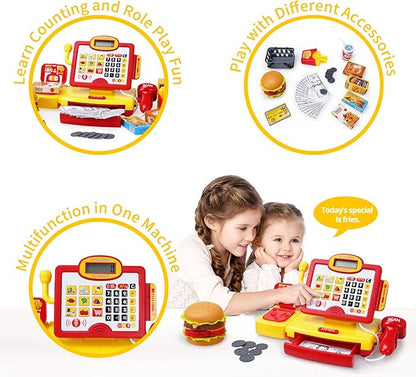 FS Toy Cash Register for Kids, with True Barcode Scanner & Calculator Toys, Pretend Play for Toddlers 3-5, Shopping Playset, Kids Cash Register with Credit Card for Boys and Girls