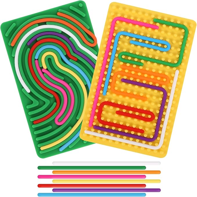 2pcs Sensory Activity Board, Double-Sided Silicone Fidget Toys for Kids 3+ & Adults, Sensory Toys for Anxiety, ADHD, Autism, Calming, Includes Travel Bag & 20 Strings, Yellow & Green