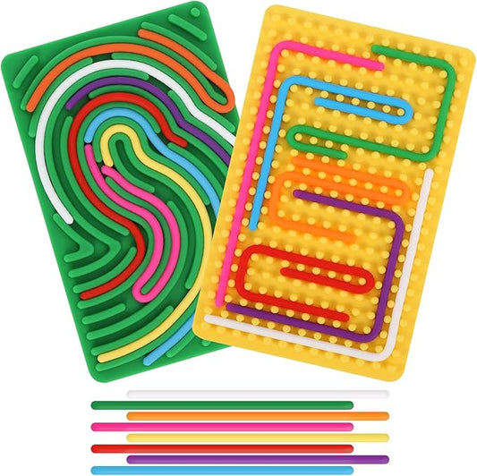 2pcs Sensory Activity Board, Double-Sided Silicone Fidget Toys for Kids 3+ & Adults, Sensory Toys for Anxiety, ADHD, Autism, Calming, Includes Travel Bag & 20 Strings, Yellow & Green